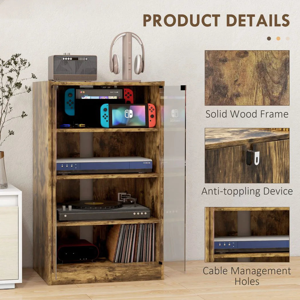 HOMCOM 4-Tier Hi-Fi Stand with Push-to-Open Glass Doors and Adjustable Shelves – Record Player Cabinet, Rustic Brown