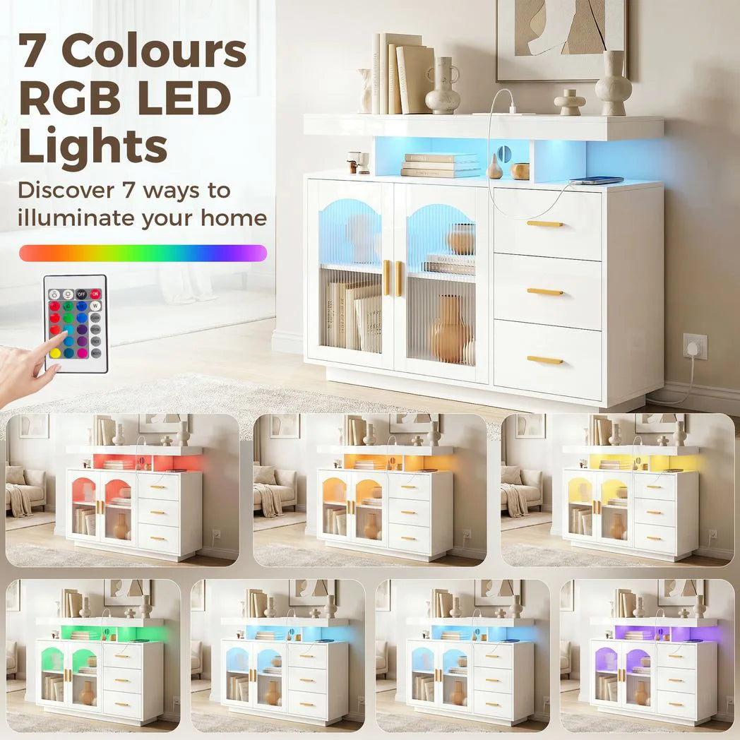 HOMCOM High Gloss Sideboard with RGB LED Lights, Power Outlets, 3 Drawers and Acrylic Doors, White