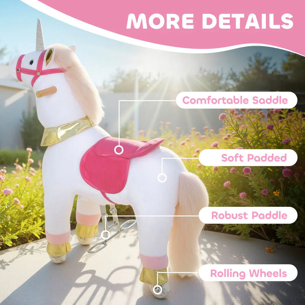 AIYAPLAY Kids Rocking Horse with Wheels & Pedals – Plush Walking Ride-On Unicorn Toy for Ages 3-5, White