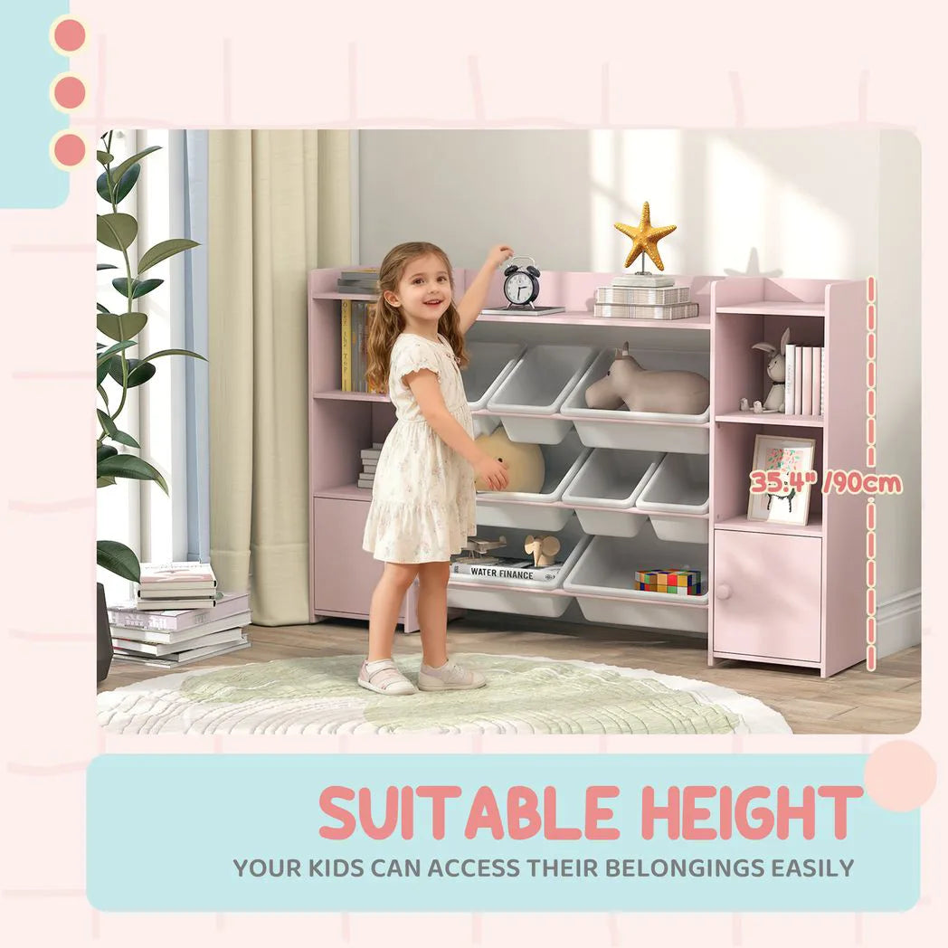 AIYAPLAY Kids Toy Storage Unit with 8 Removable Bins and Bookshelf – Toy Organiser, Pink