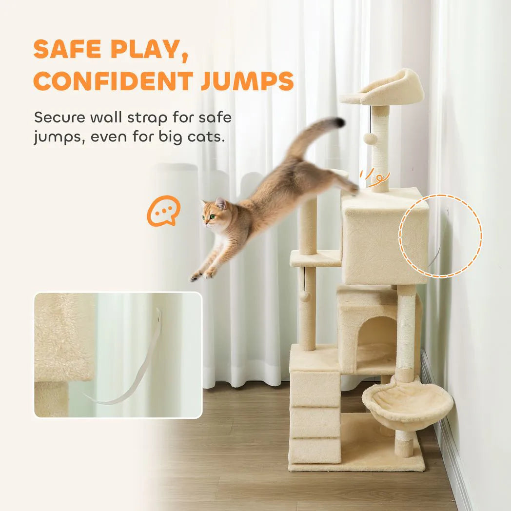 PawHut 140cm Large Cat Tree Tower with Sisal Scratching Posts, Plush Perches, Hammock & Cat Houses, Beige