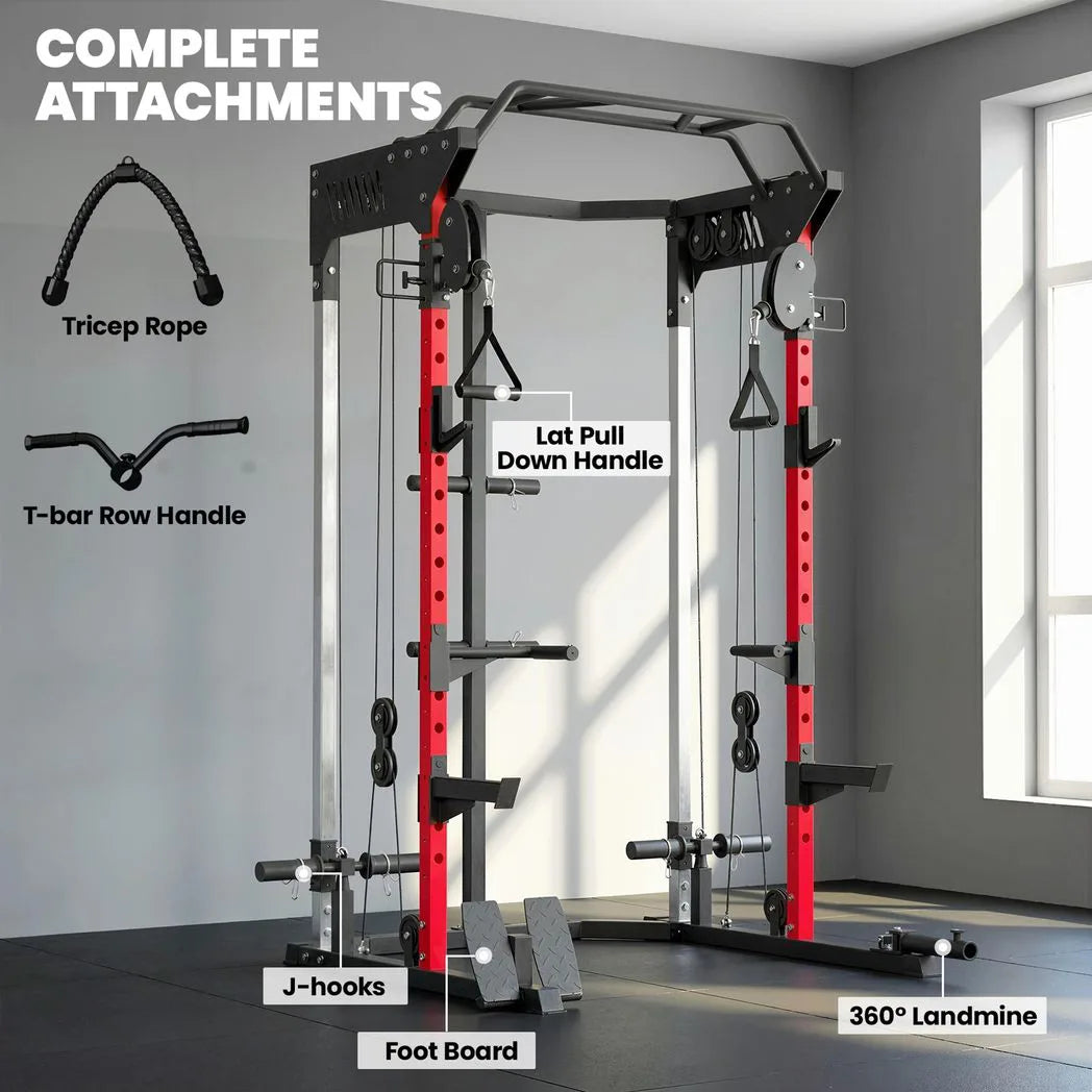 SPORTNOW Power Cage with Dual Cable Pulley System, Pull-Up Bar, Dip Station & Landmine – Home Gym Power Rack