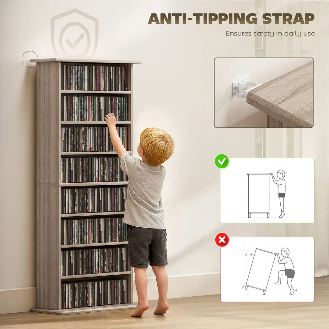 HOMCOM CD and DVD Storage Tower with 6 Adjustable Shelves, Holds 360 CDs – Natural Wood Finish