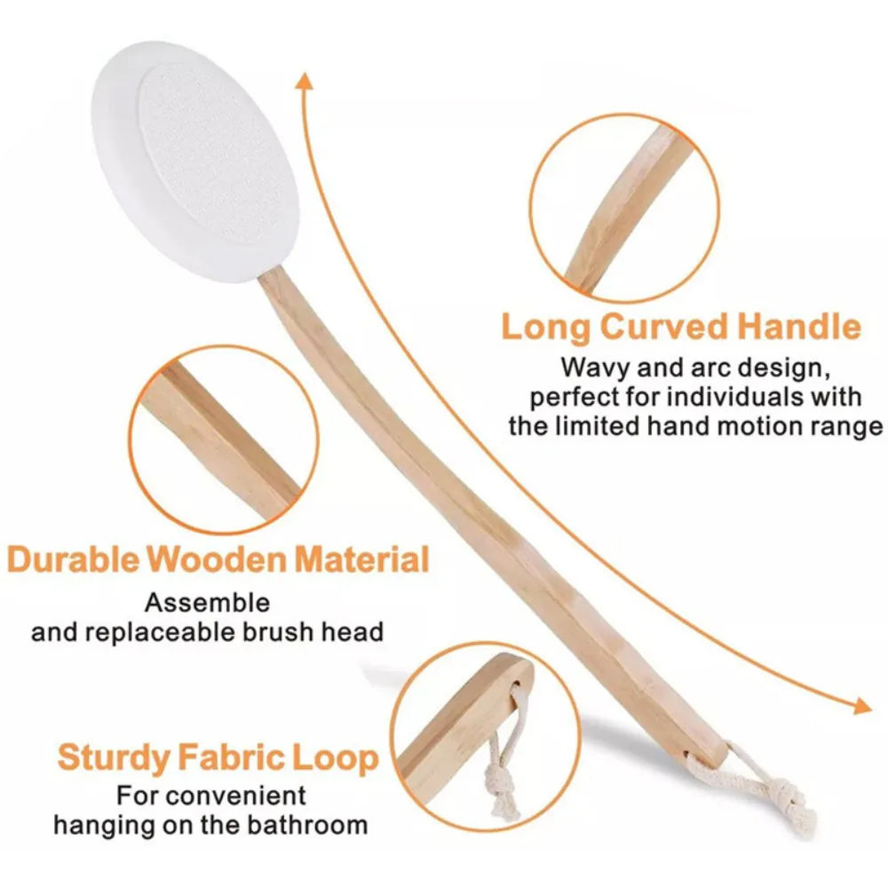 7-Piece Back Lotion Applicator Set with Beech Wooden Handle, Foam Pads and Bath Brush – 2-in-1 Body Care Tool