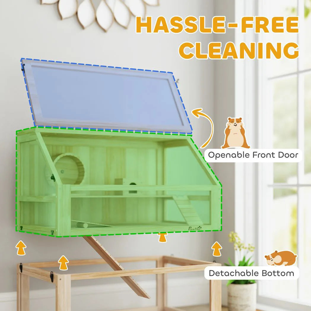 PawHut Wooden Hamster Cage with 31cm Deep Base, Hut, Seesaw, Exercise Wheel and Ramp, 80 x 50 x 76cm – Natural