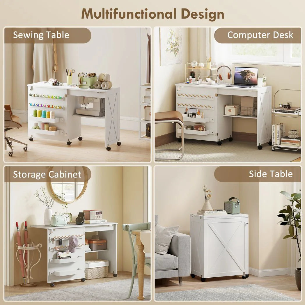 HOMCOM Folding Sewing Table with Storage, Shelf and Lockable Casters – Rolling Craft Table for Small Spaces, White