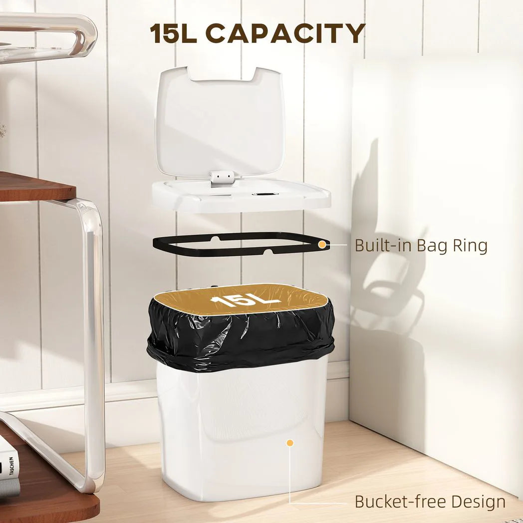 HOMCOM 15L Automatic Sensor Bin with Touchless and Manual Modes – Battery Operated Kitchen Bin, White