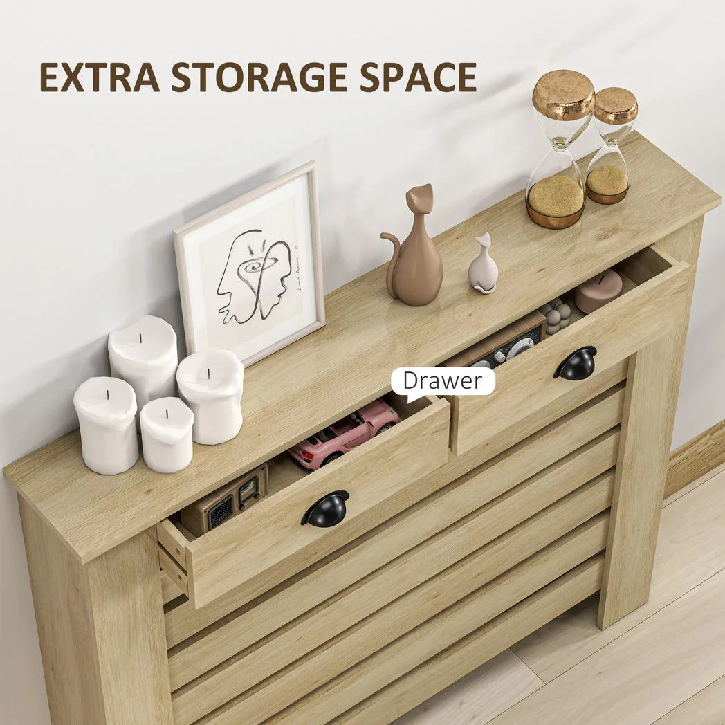 HOMCOM Radiator Cover with Top Drawer and Slatted Centre, 95.5H x 111W cm – Oak