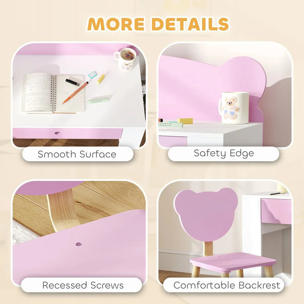 AIYAPLAY Kids Desk and Chair Set with Drawer and Bear Theme – Children's Study Table for Bedroom or Daycare, Pink