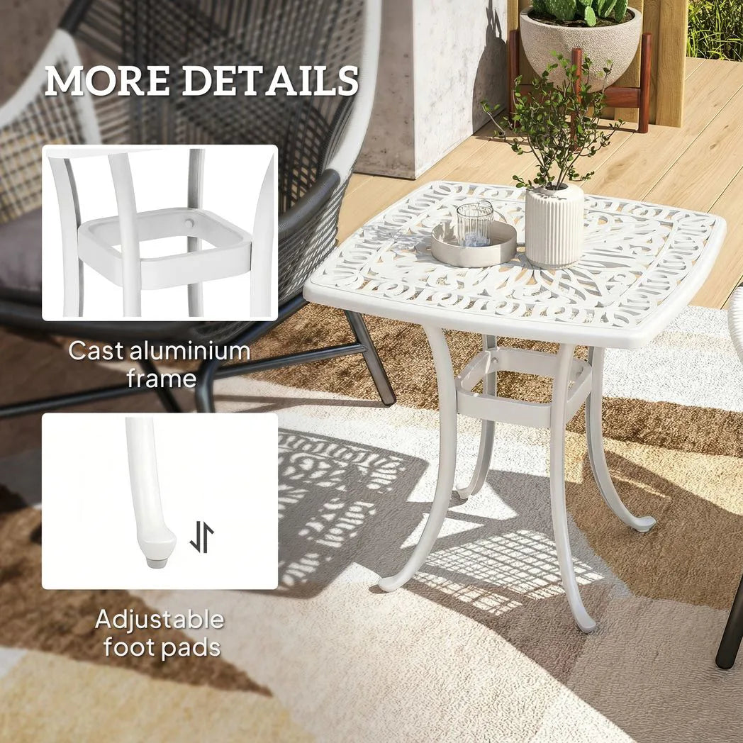 Outsunny Cast Aluminium Garden Side Table with 38 mm Parasol Hole, Floral Patio End Table with Adjustable Feet