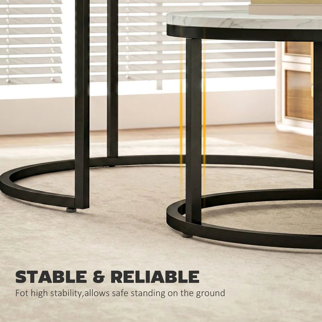 HOMCOM Set of 2 Round Nesting Coffee Tables with Marble-Effect Top – Space-Saving Stacking Tables, White