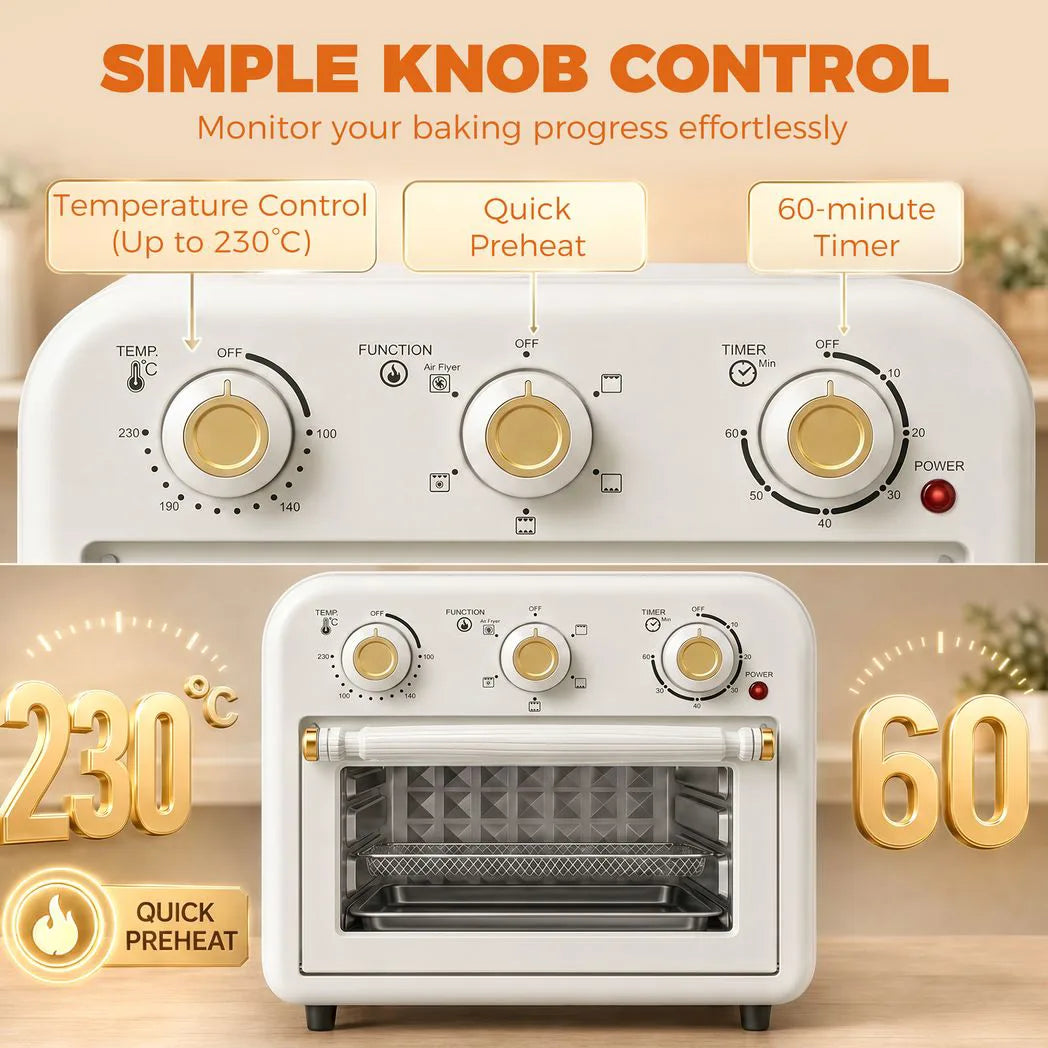 HOMCOM 12L Air Fryer Toaster Oven – Retro Convection Countertop Oven with Adjustable Temperature and Timer, Cream White