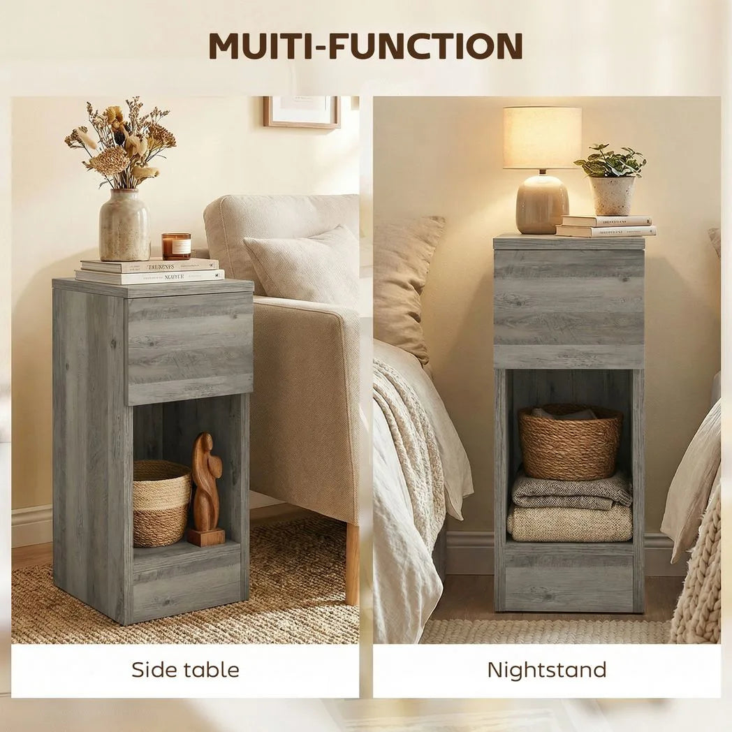 HOMCOM Set of 2 Slim Bedside Tables with Drawer and Shelf – Modern Storage Side Tables, Grey