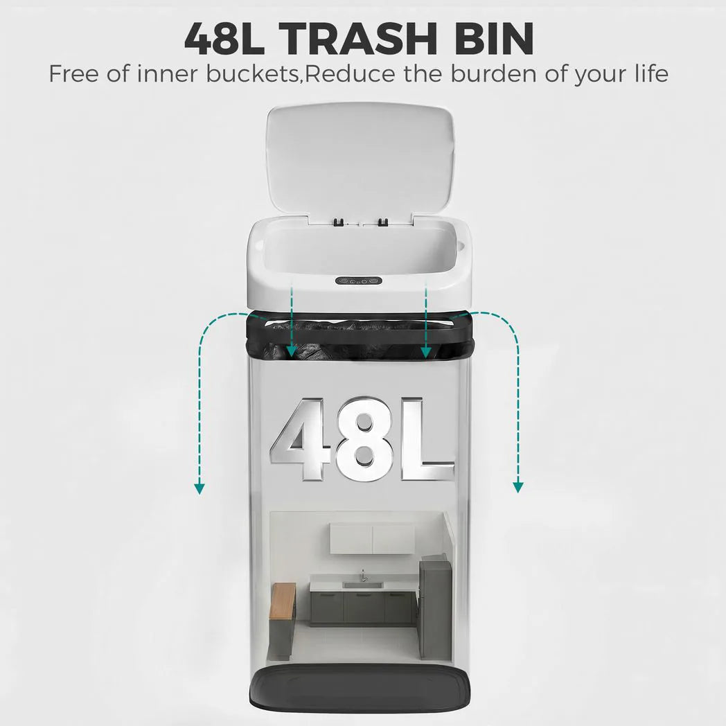 HOMCOM 48L Stainless Steel Sensor Bin with Soft-Close Lid – Hands-Free Kitchen Waste Bin, White