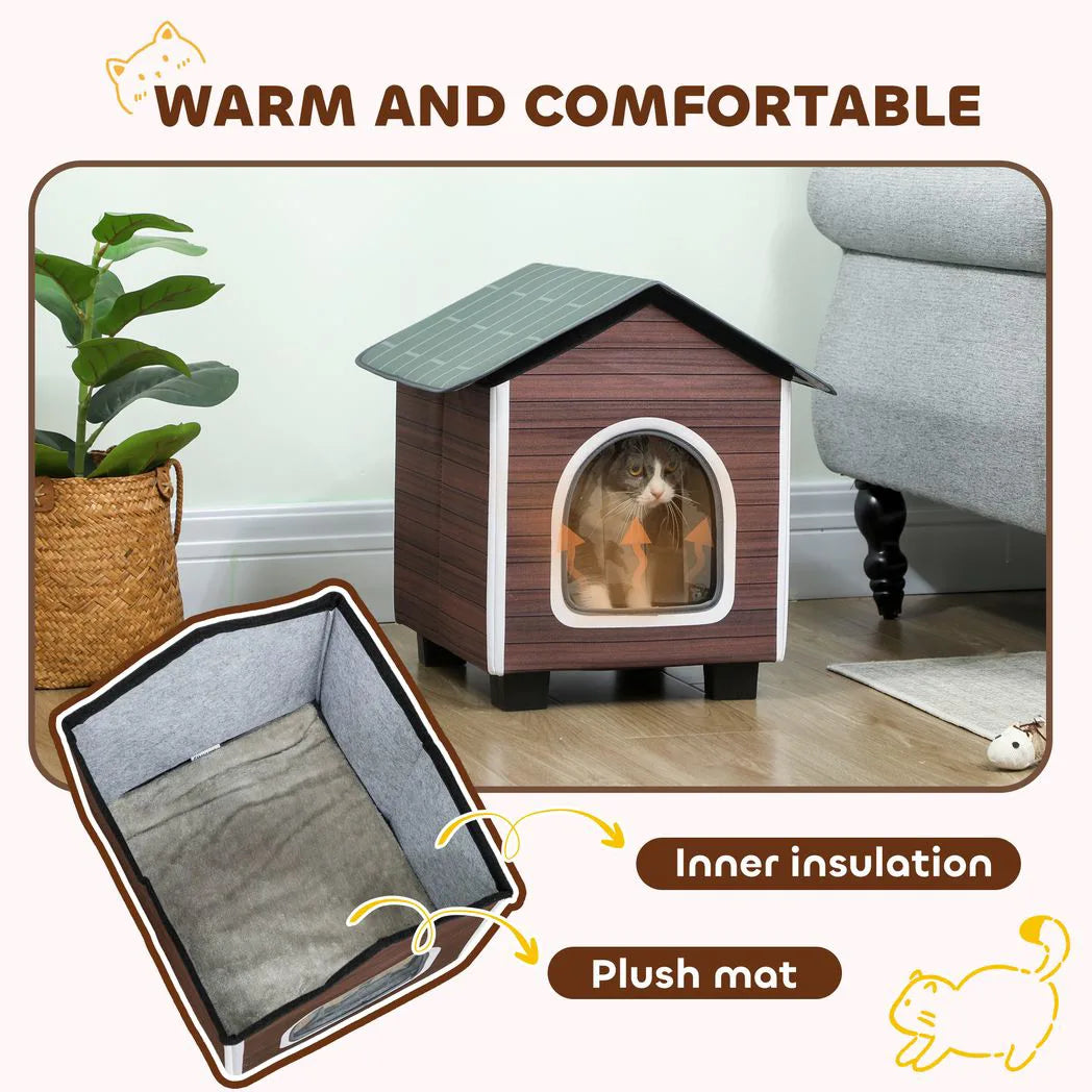 PawHut Insulated Outdoor Cat House with Elevated Base and Cushion – Water-Resistant Cat Shelter, Red-brown