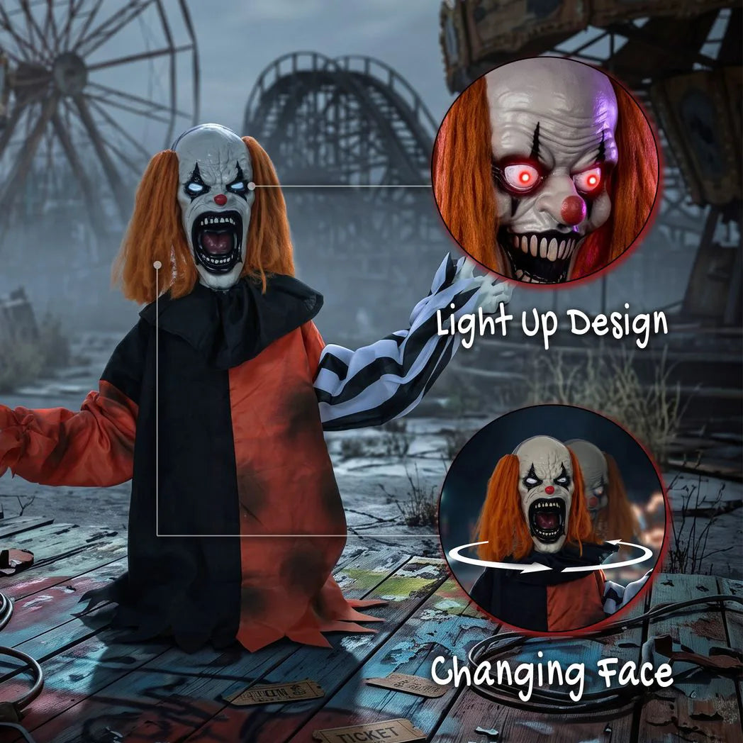 HOMCOM Animated Halloween Face Changing Clown, 85 cm Animatronic Joker with Cackling Sound and Glowing Red Eyes