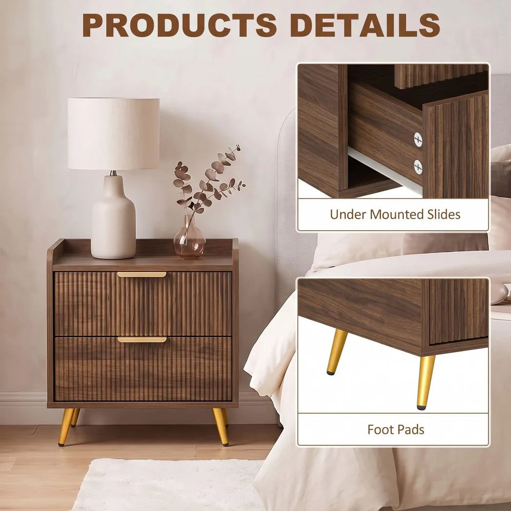 HOMCOM Two-Drawer Bedside Table with Gold-Tone Handles and Anti-Tipping Straps – Nightstand, Walnut Brown