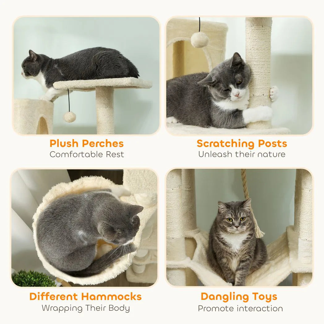 PawHut 202cm Cat Tree with 6 Scratching Posts, 2 Hammocks and 2 Condos – Cat Tower, Beige