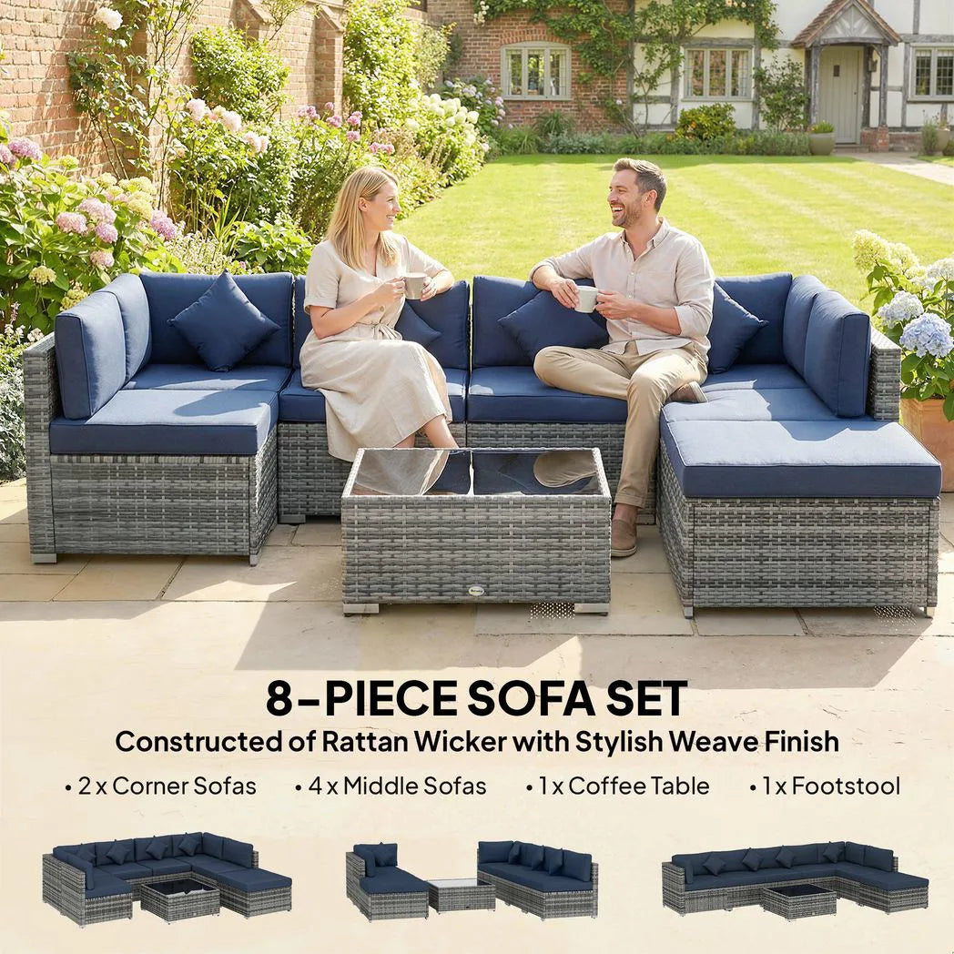 Outsunny 8 Piece PE Rattan Corner Sofa Set with Glass Coffee Table, Footstool and Cushions, Dark Blue