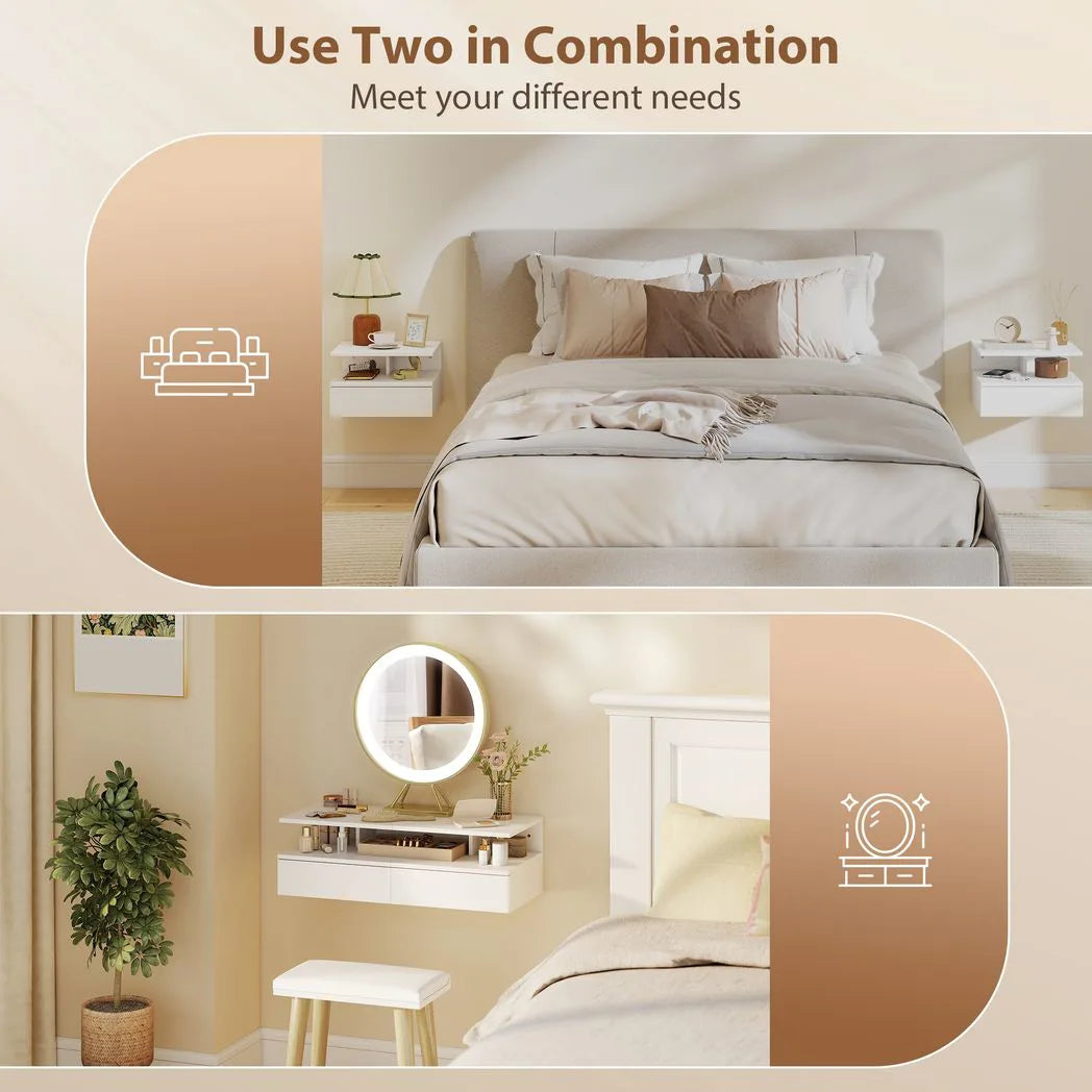 HOMCOM Set of Two Floating Bedside Tables with Handle-Free Drawer & Open Shelf – Wall-Mounted Nightstands, White