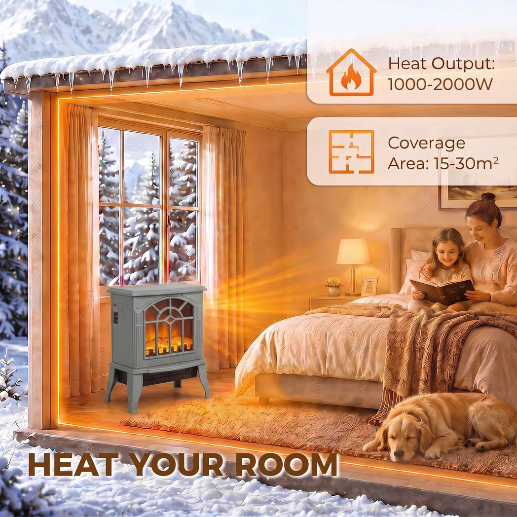 HOMCOM Freestanding Electric Log Burner with LED Flame Effect, 1000W/2000W, Tip-Over Safety – Grey
