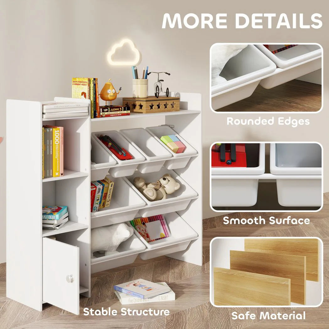 AIYAPLAY Kids Toy Storage Unit with 8 Removable Bins, Shelves & Cabinet – For Ages 3–8, White