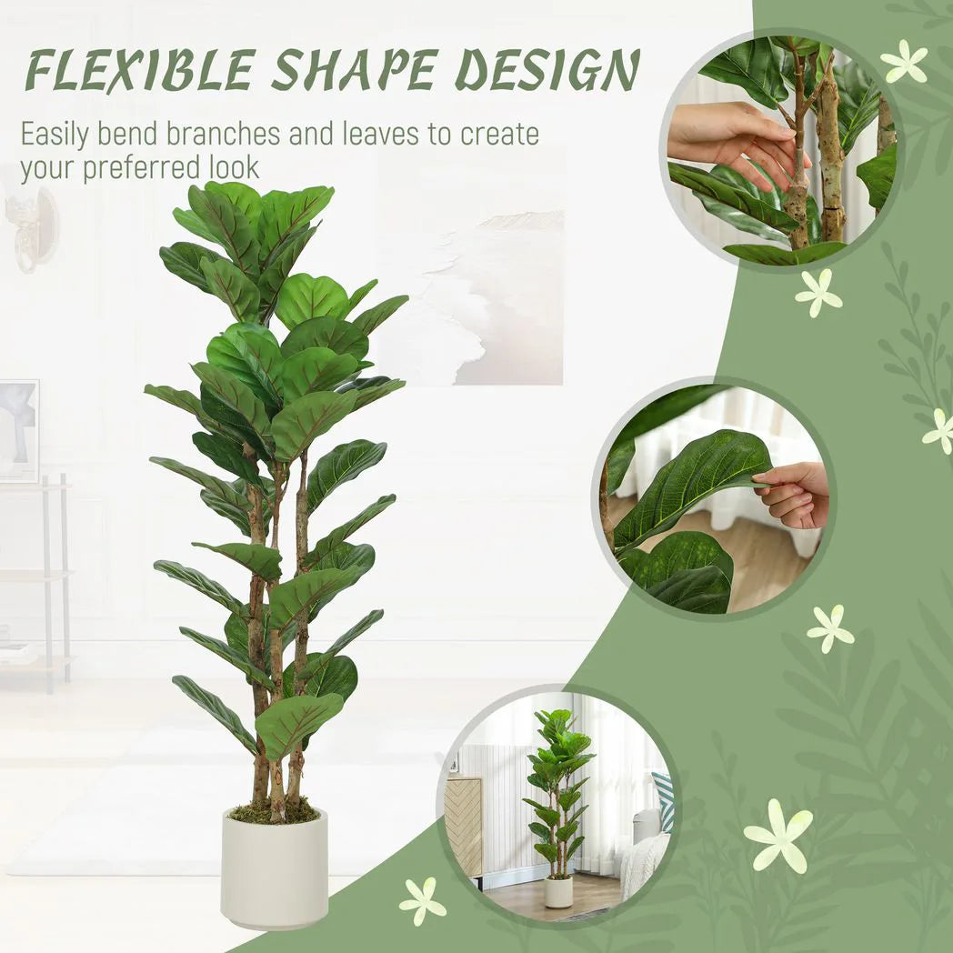 HOMCOM 120cm Artificial Fiddle Leaf Fig Tree with White Pot – Lifelike Faux Plant for Home & Office, Green