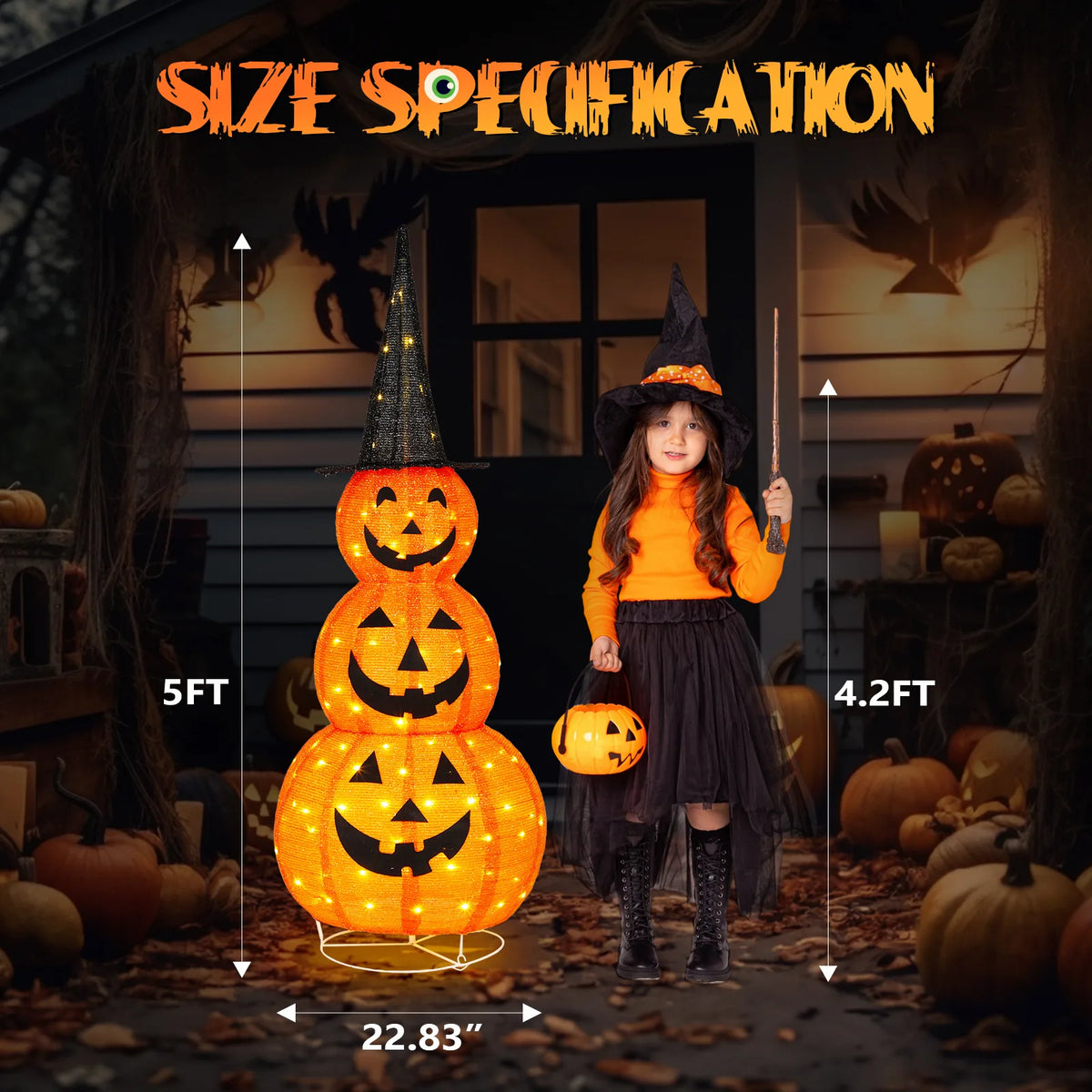 5ft Collapsible Light-Up Halloween Pumpkin, 100 LEDs