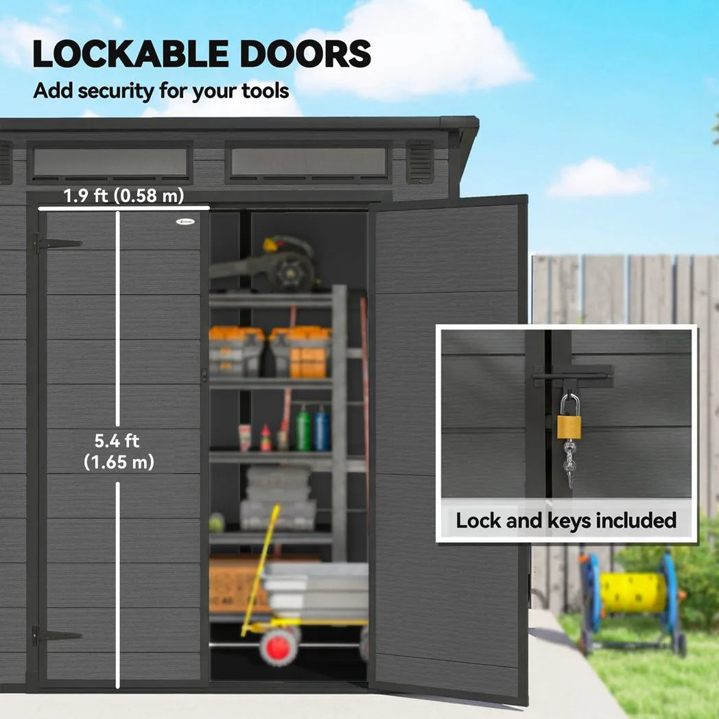 Outsunny 6 x 6ft Wood-Effect Plastic Garden Shed with Floor, Windows & Lockable Doors – Outdoor Storage, Dark Grey