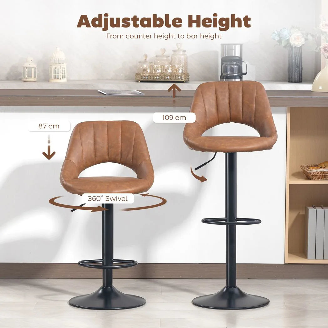 HOMCOM Set of 2 PU Leather Swivel Bar Stools with Backrest and Footrest – Adjustable Height, Brown