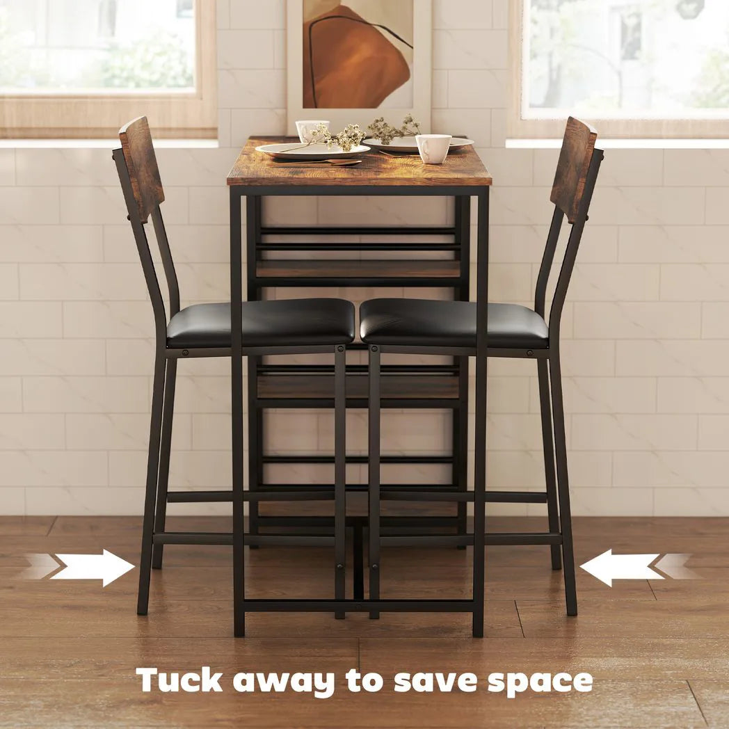 HOMCOM Three-Piece Compact Bar Table Set with 2 PU Leather Chairs and Side Shelves – Brown/Black