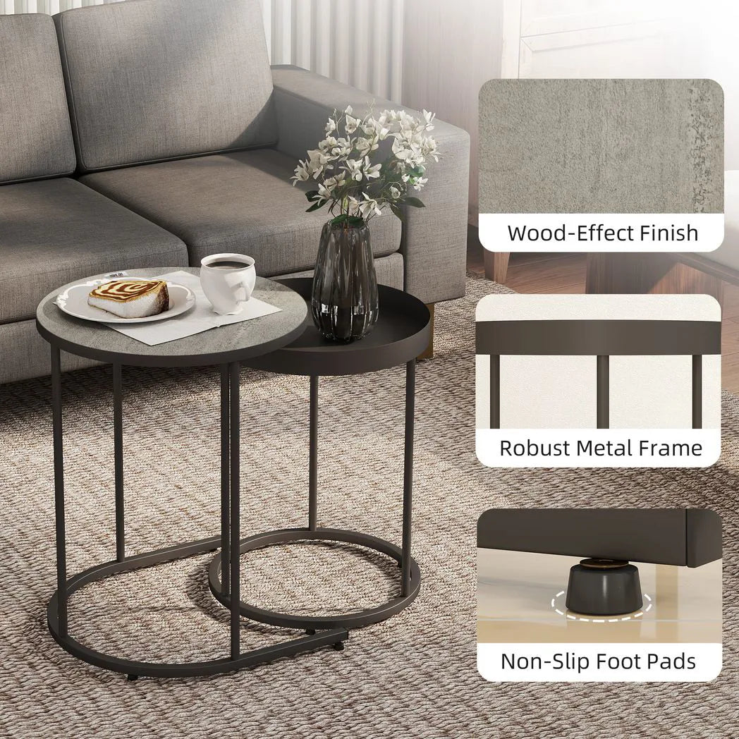 HOMCOM Set of Two Industrial Round Nesting Tables with Metal Frames – Coffee and Side Tables, Grey