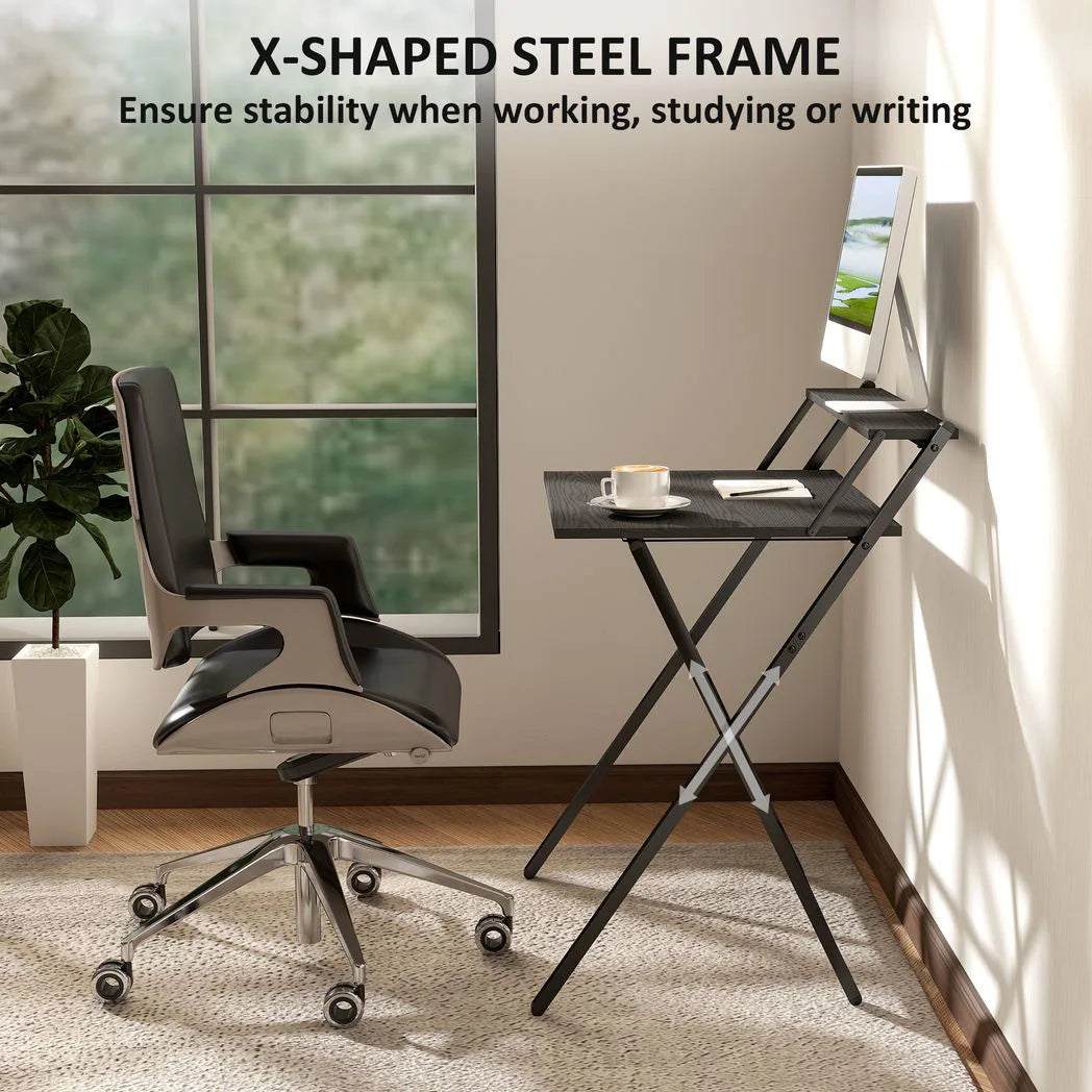 HOMCOM 70 cm Folding Computer Desk with Monitor Shelf – Compact Foldable Home Office Table, Black