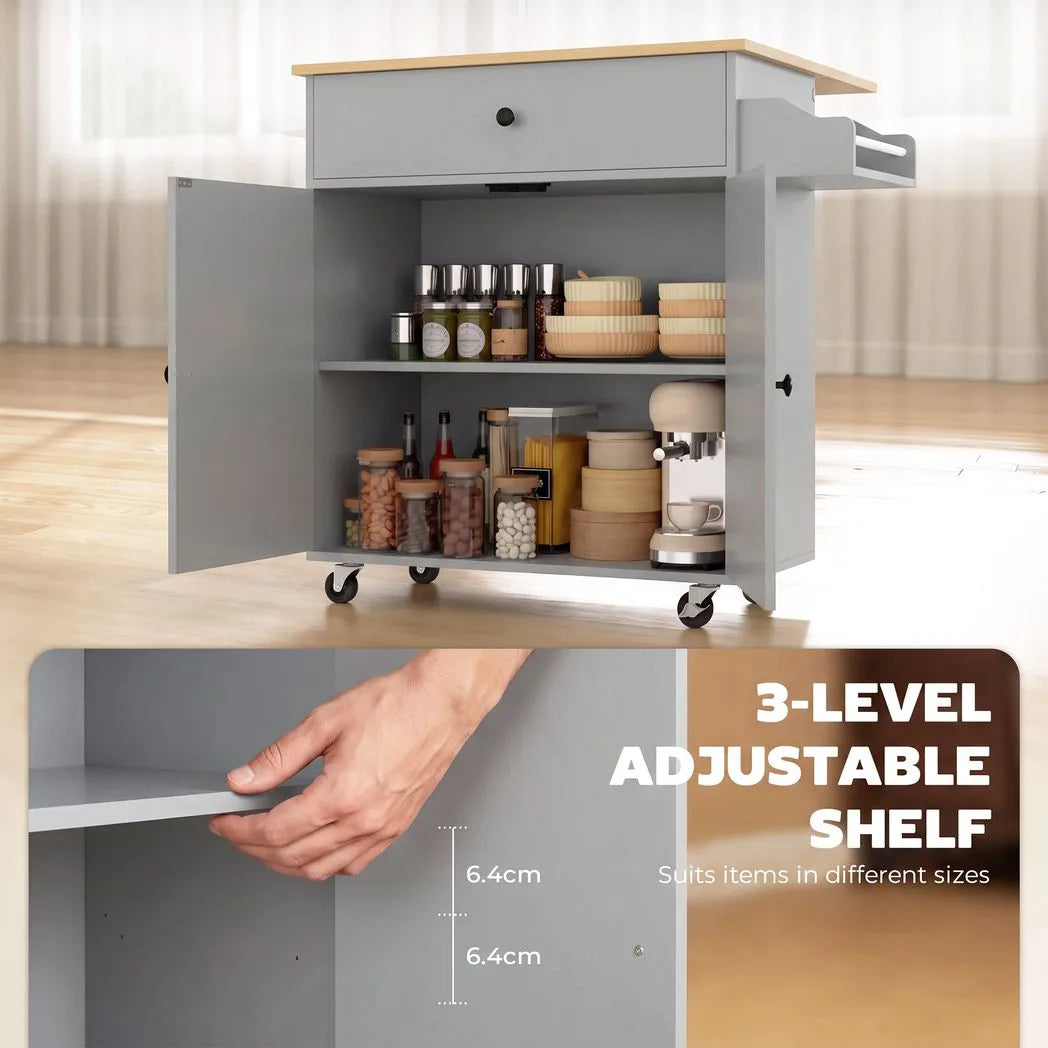 HOMCOM Rolling Kitchen Island with Drop Leaf, Drawer, Spice Rack and Towel Rack – Kitchen Storage Trolley, Grey