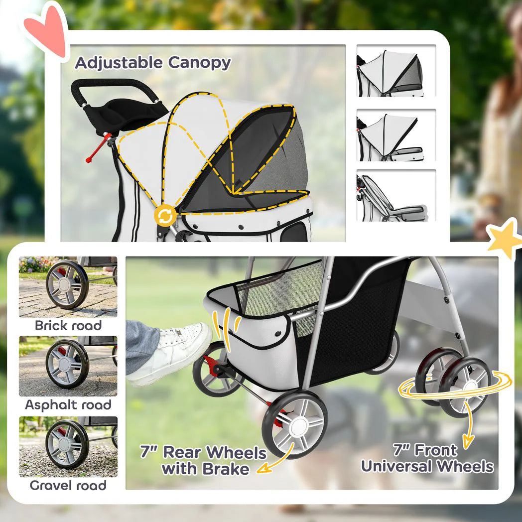 PawHut Dog Pram with Reflective Strips and 360° Swivel Wheels – Foldable Pet Stroller, Grey