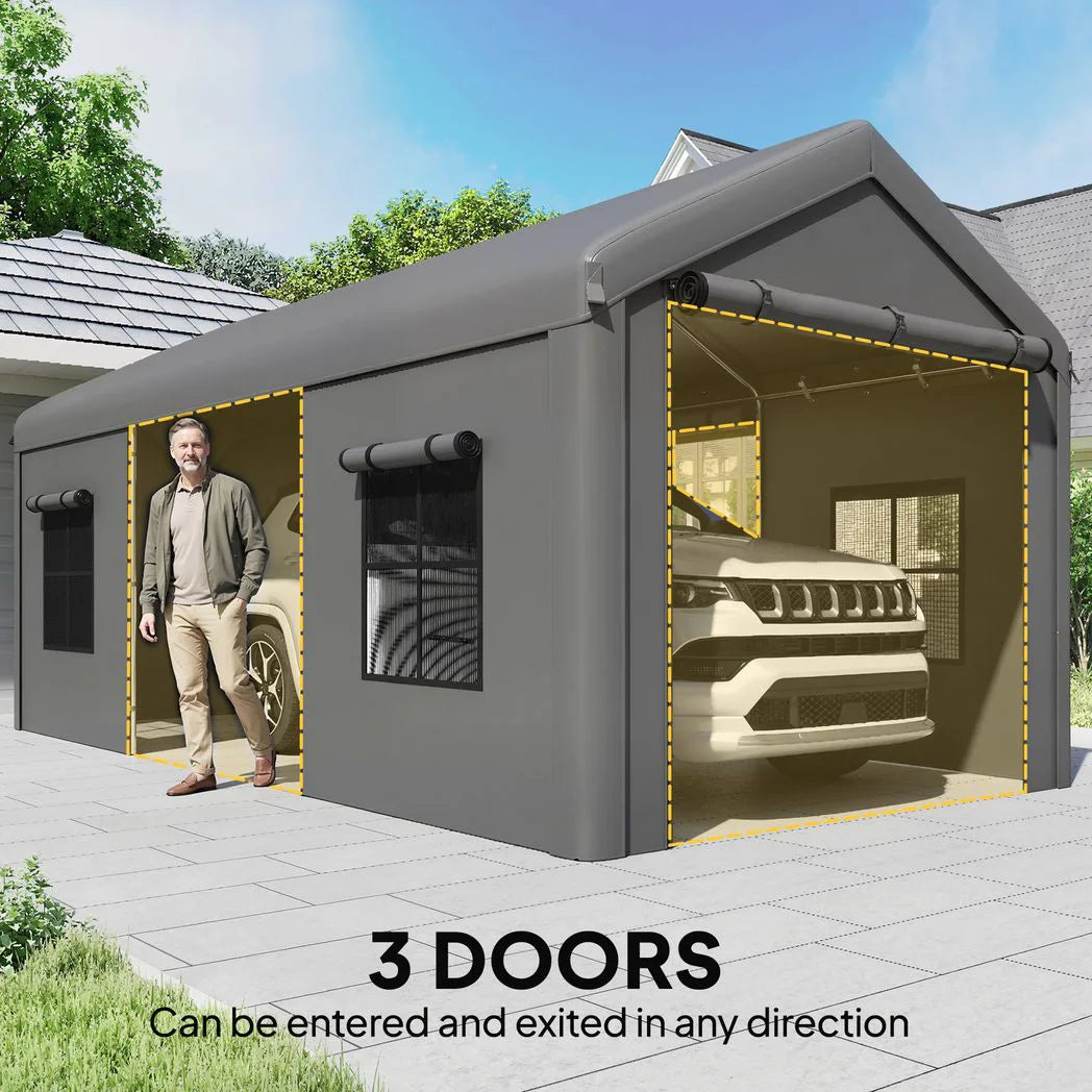Outsunny Heavy Duty Carport 3 x 6 m – Portable Garage Canopy Tent with Galvanised Steel Frame, Doors & Windows, Dark Grey