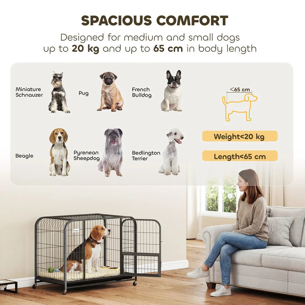 PawHut Heavy Duty Dog Crate, 93 x 58 x 76 cm – Triple Door Dog Cage with Wheels for Small to Medium Breeds