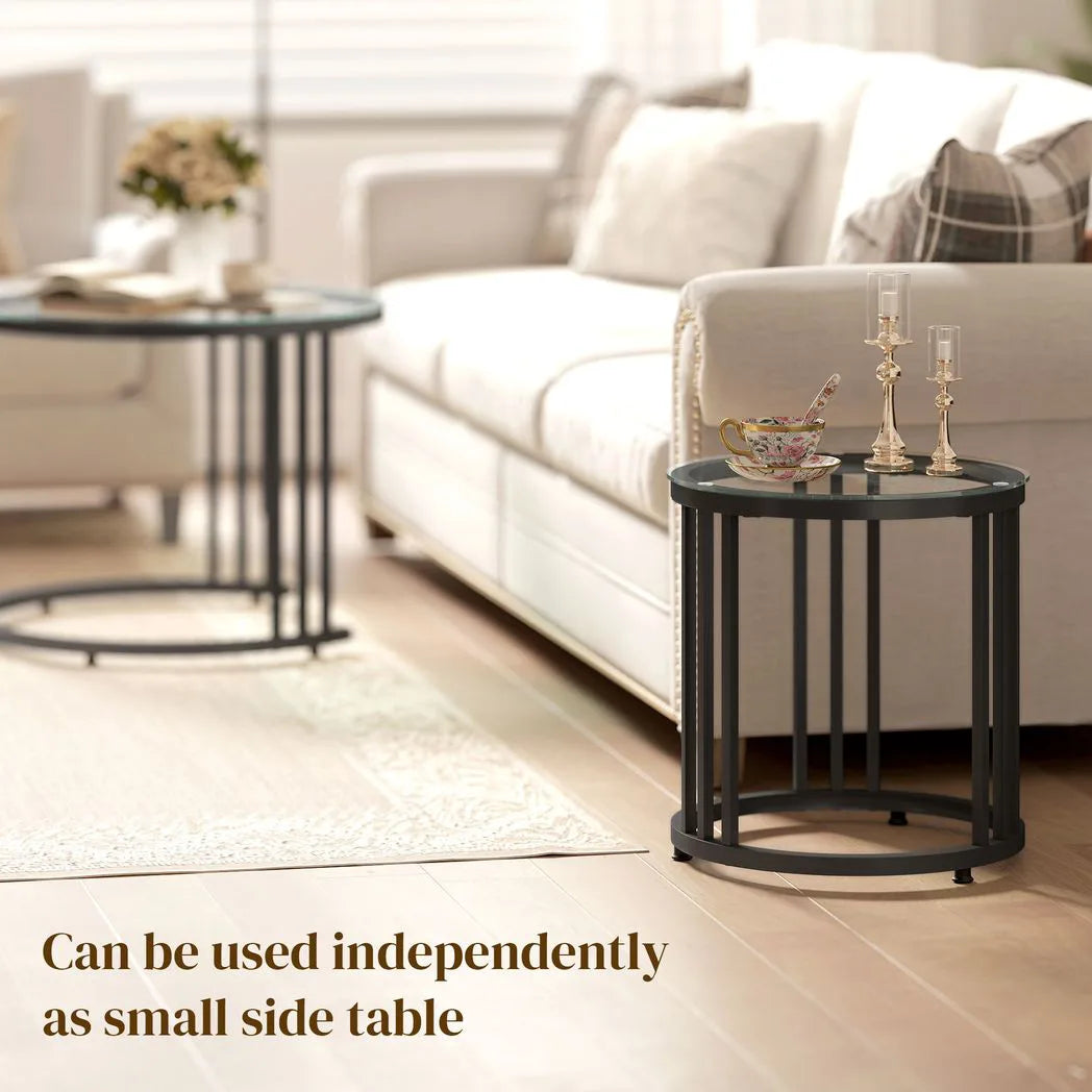 HOMCOM Round Nesting Coffee Tables Set of 2 – Tempered Glass Tops, Steel Frame, Art Deco Style, Black