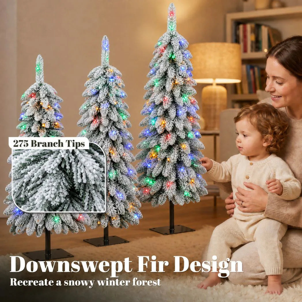 HOMCOM Set of 3 Snowy Pre-Lit Pencil Christmas Trees, 90, 120 and 150 cm, Multicolour Lights