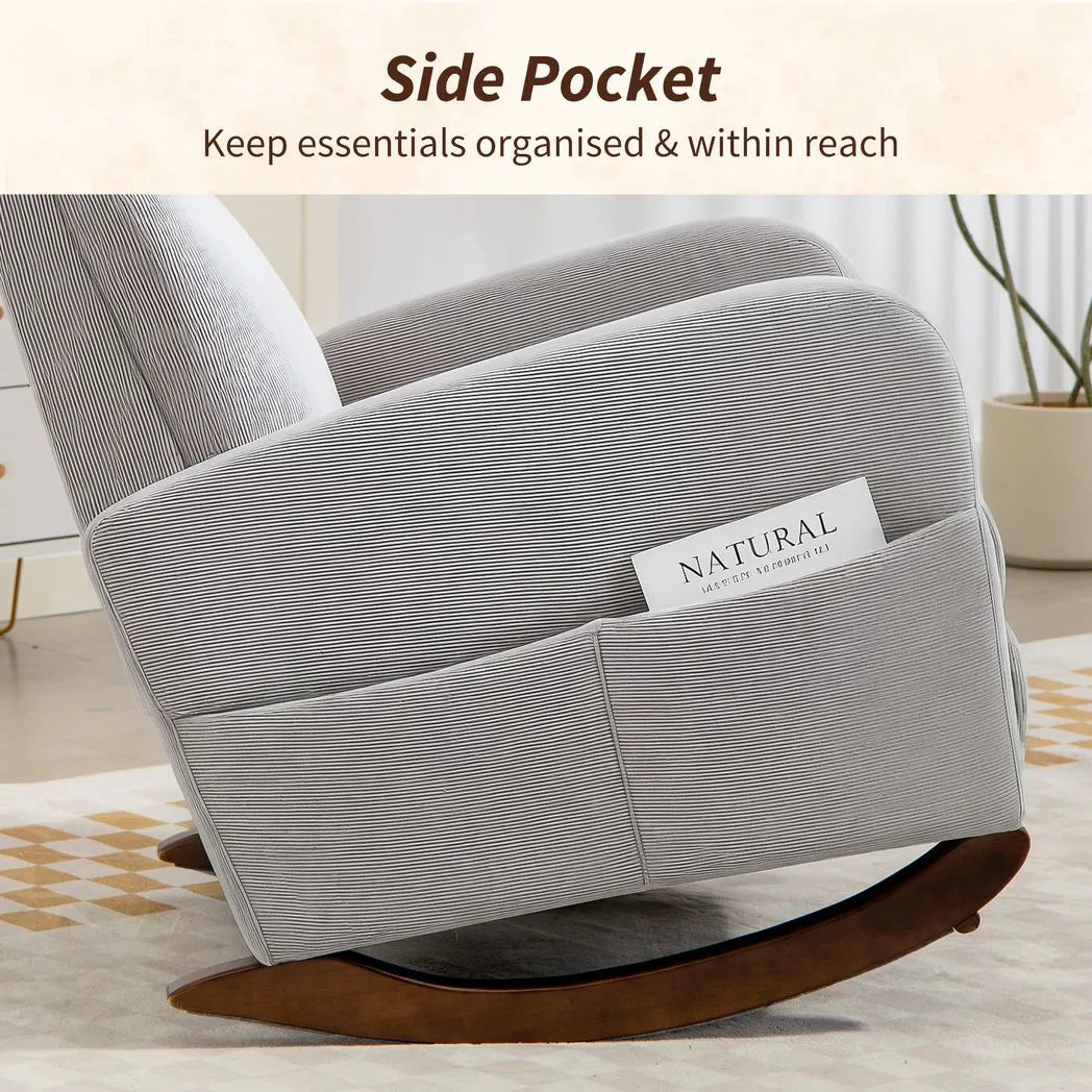 HOMCOM Corduroy Rocking Armchair with Thick Padding and Side Pockets – Relaxing Living Room Chair, Grey