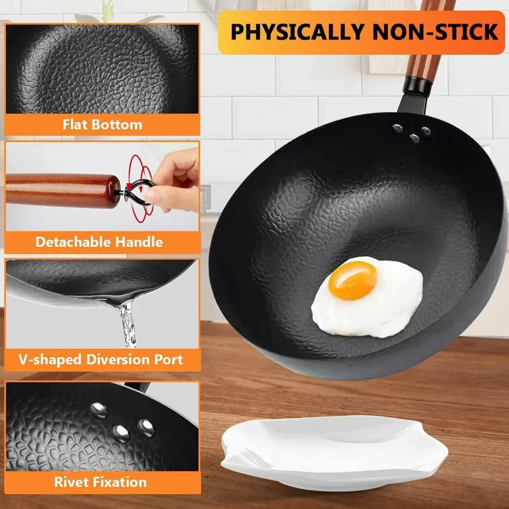 32cm Pure Iron Wok with Wooden Lid – Uncoated Cast Iron Stir-Fry Pan for Gas and Induction Hobs