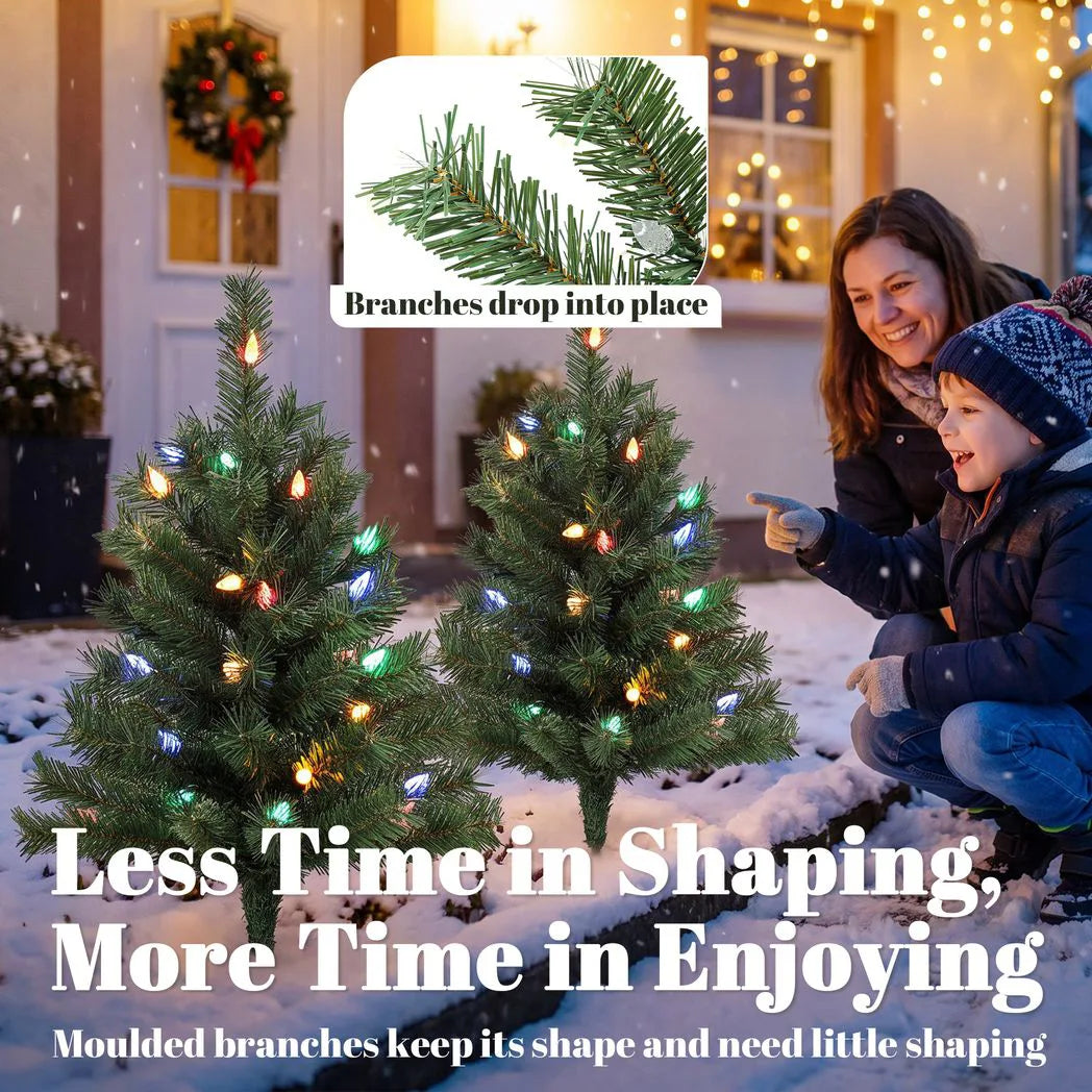 HOMCOM Set of 2 Pre-Lit 60 cm Outdoor Christmas Trees with Ground Stakes and 60 Multicolour LEDs, Green