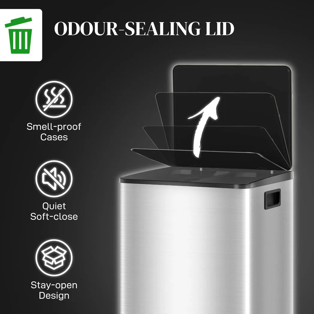 HOMCOM 40L Dual Compartment Pedal Bin with Soft Close Lid, Deodoriser Holders – Stainless Steel Kitchen Bin, Silver Tone