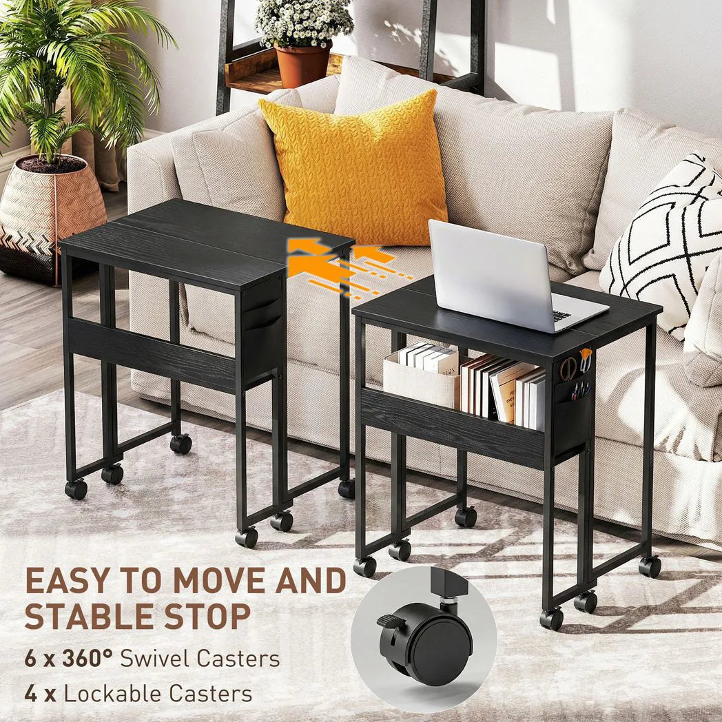HOMCOM Drop Leaf Writing Desk with Lower Shelf and Wheels – Compact Folding Home Office Table, Black