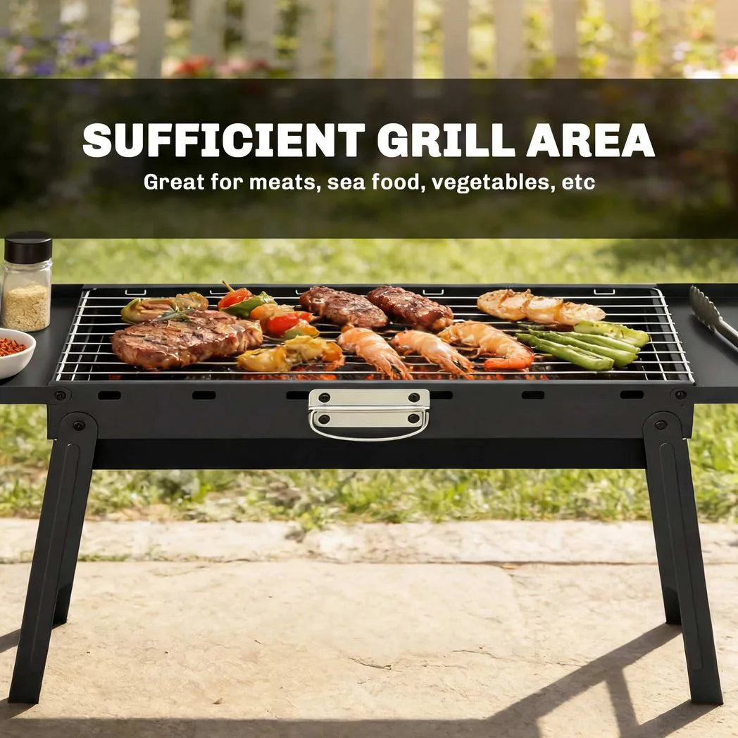 Outsunny Portable Folding Charcoal BBQ Grill with 2 Side Shelves and Handle – Camping and Picnic Barbecue, Black