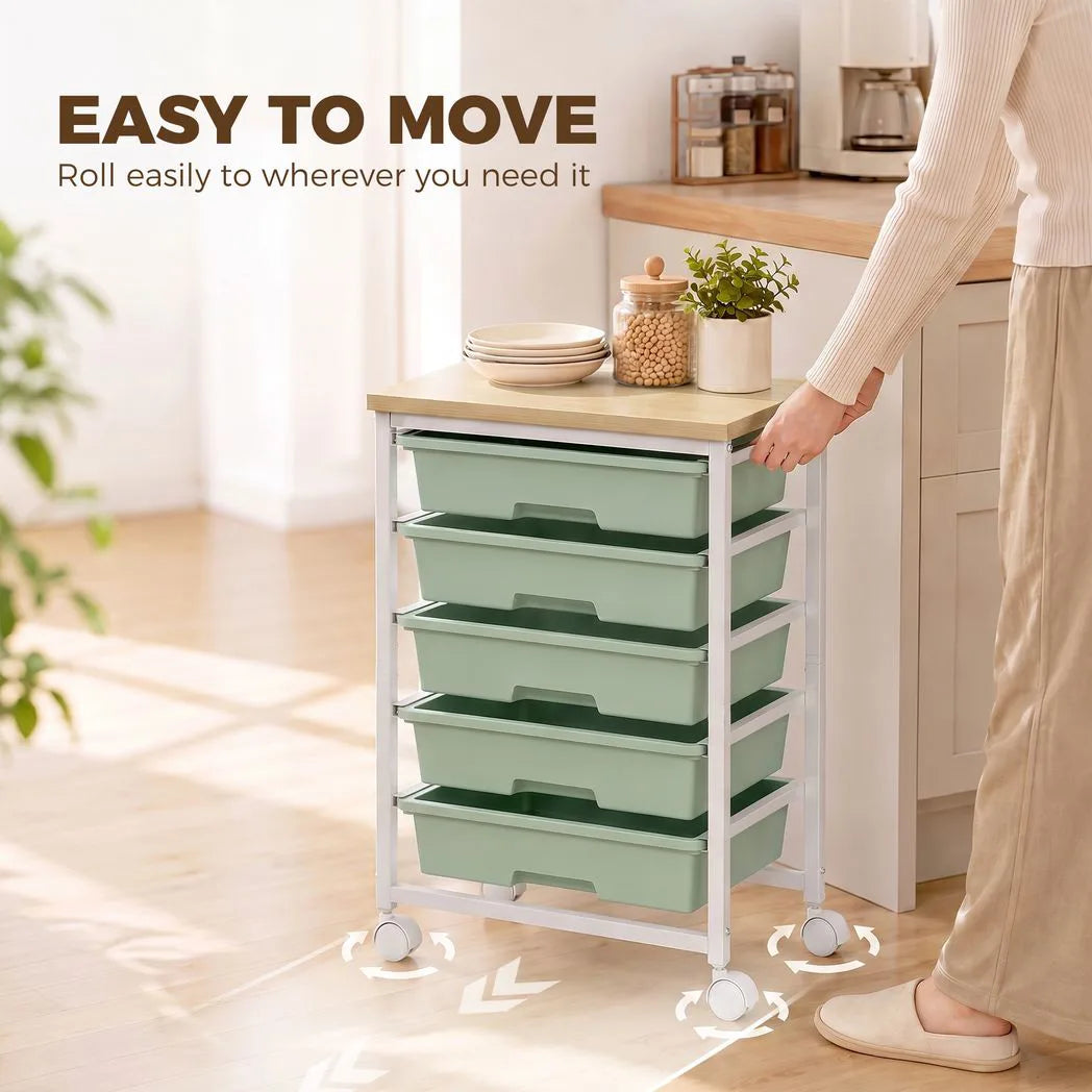 HOMCOM 6-Tier Storage Trolley on Wheels with 5 Pull-Out Drawers – Metal Kitchen Rolling Cart, Green