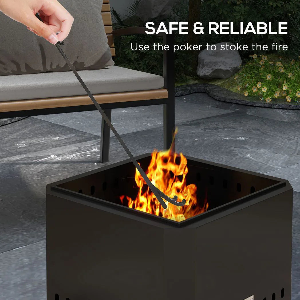 Outsunny 48cm Smokeless Wood Burning Fire Pit with Poker – Portable Square Metal Bonfire Stove, Black