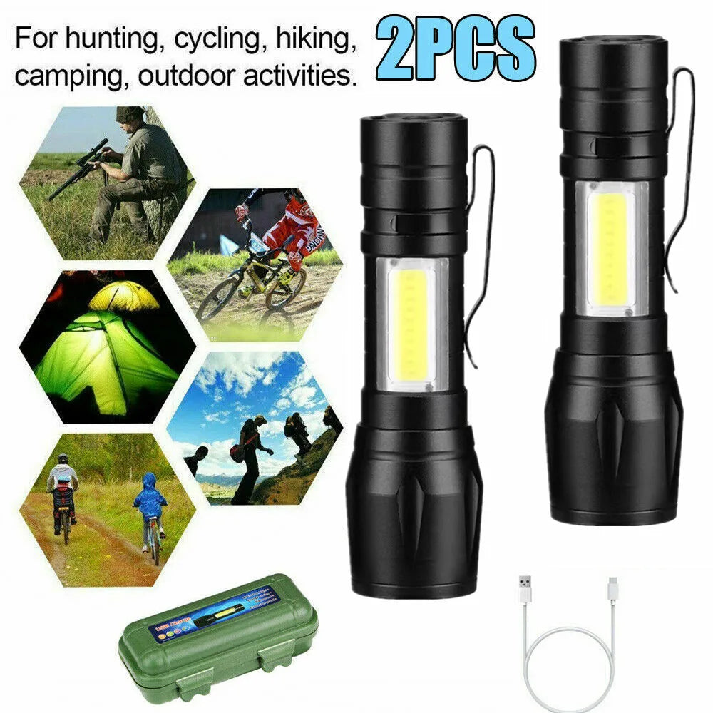 2 Pack USB Rechargeable Mini LED Flashlights with Adjustable Zoom and 3 Modes – Camping and Work Torches, Black