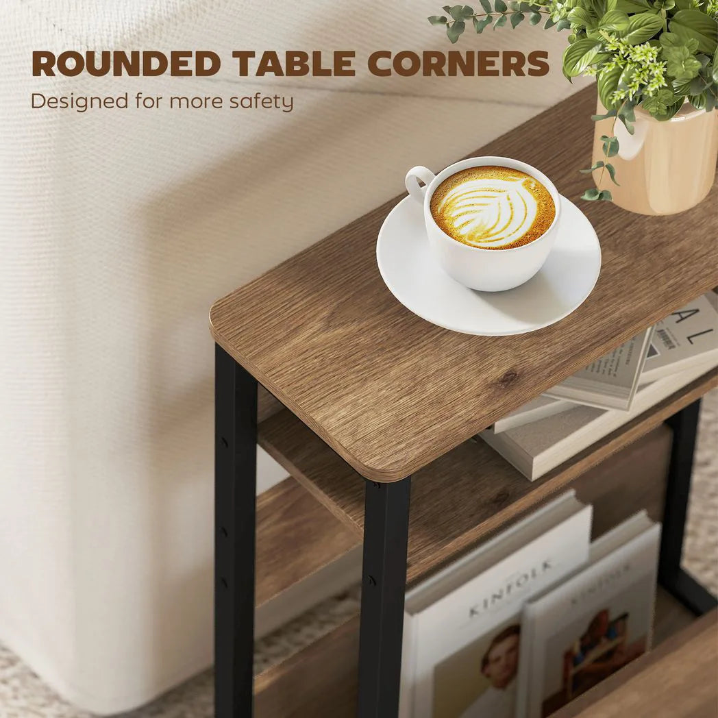 HOMCOM Industrial-Style Side Table with 2 Shelves and Metal Frame – Narrow Hallway & Bedroom Storage, Black and Walnut Brown