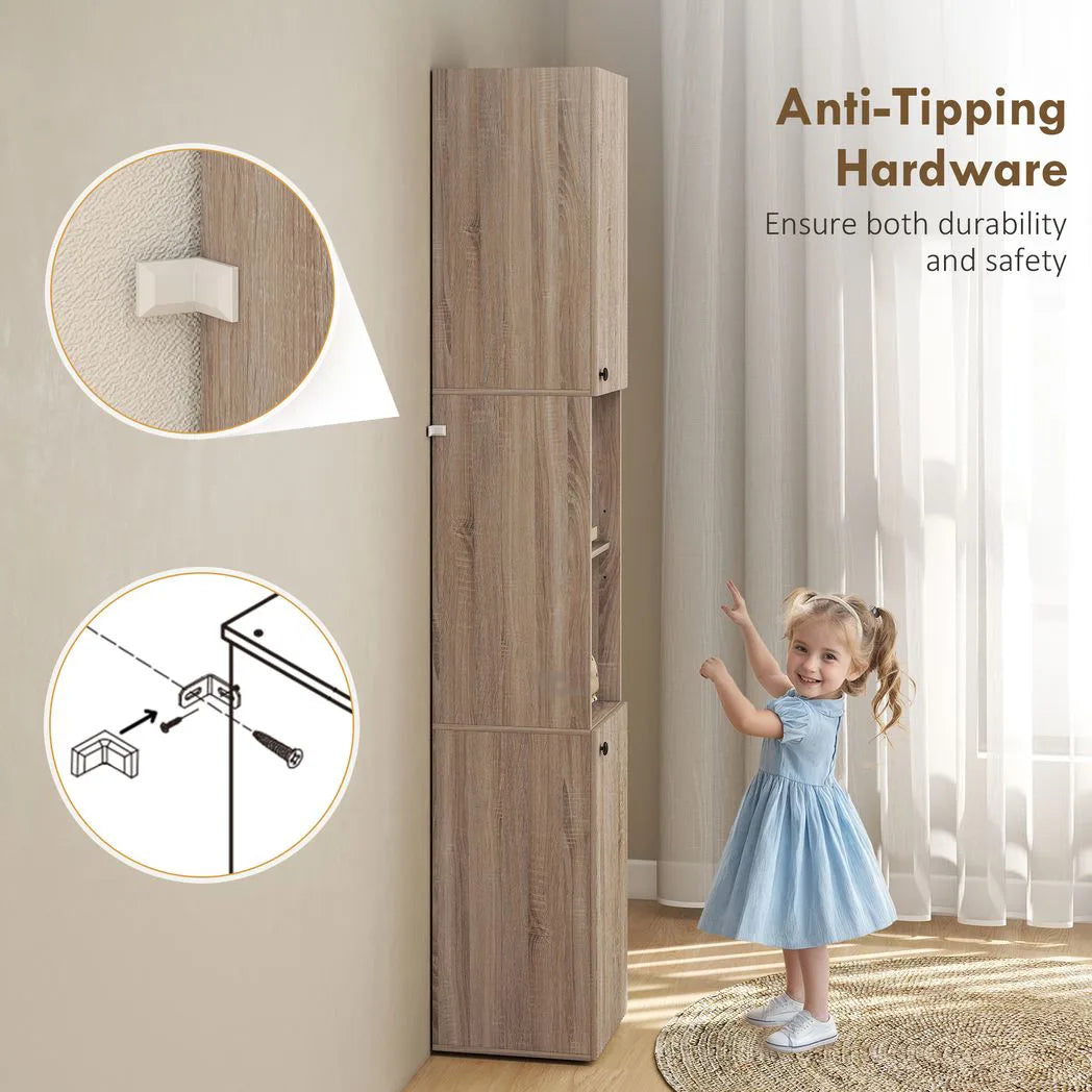 HOMCOM 6-Tier Tall Bathroom Cabinet with Fluted Doors & Adjustable Shelves – Slim Nordic Storage, Natural